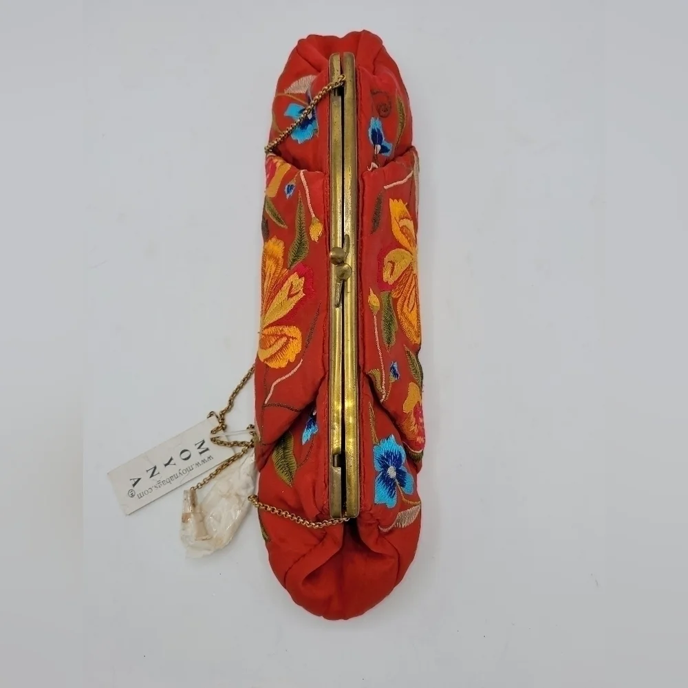 MOYNA from MOYNA Bags, Red Satin Multicolor Floral Satin Clutch.